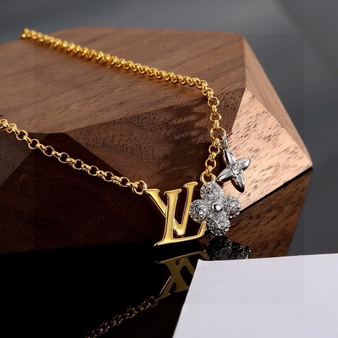 Louis Vuitton Gold Chain Necklace with 'LV' and Flower Design